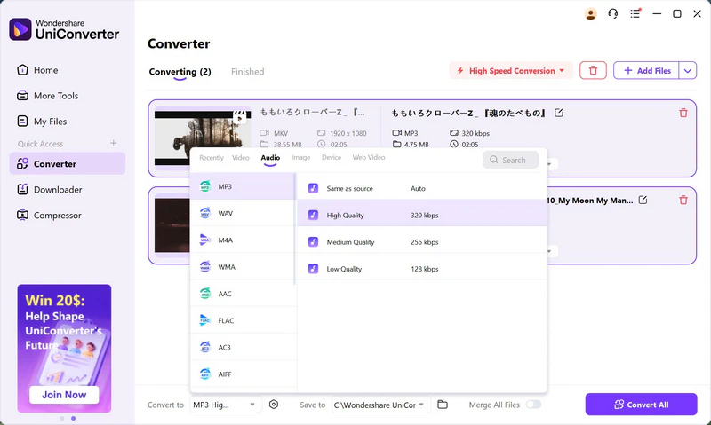convert video to mp3 in wondershare uniconverter