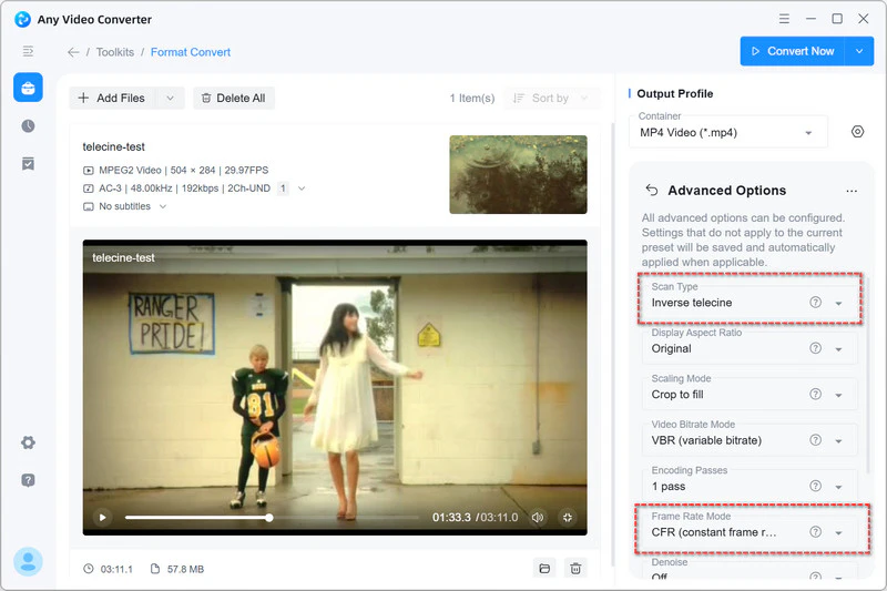 advanced settings for inverse telecine video
